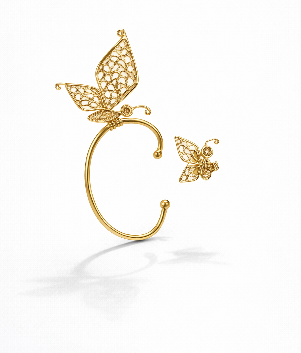 Handcrafted butterfly ear cuff and earring in 24K gold-plated bronze and copper filigree